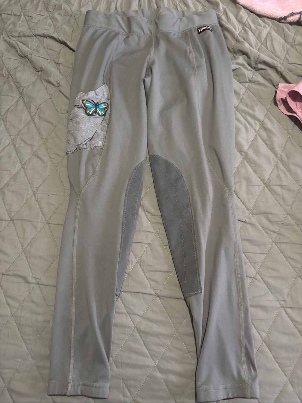 Kerrits Light Gray Riding Leggings with Blue-Green Butterfly Patch
